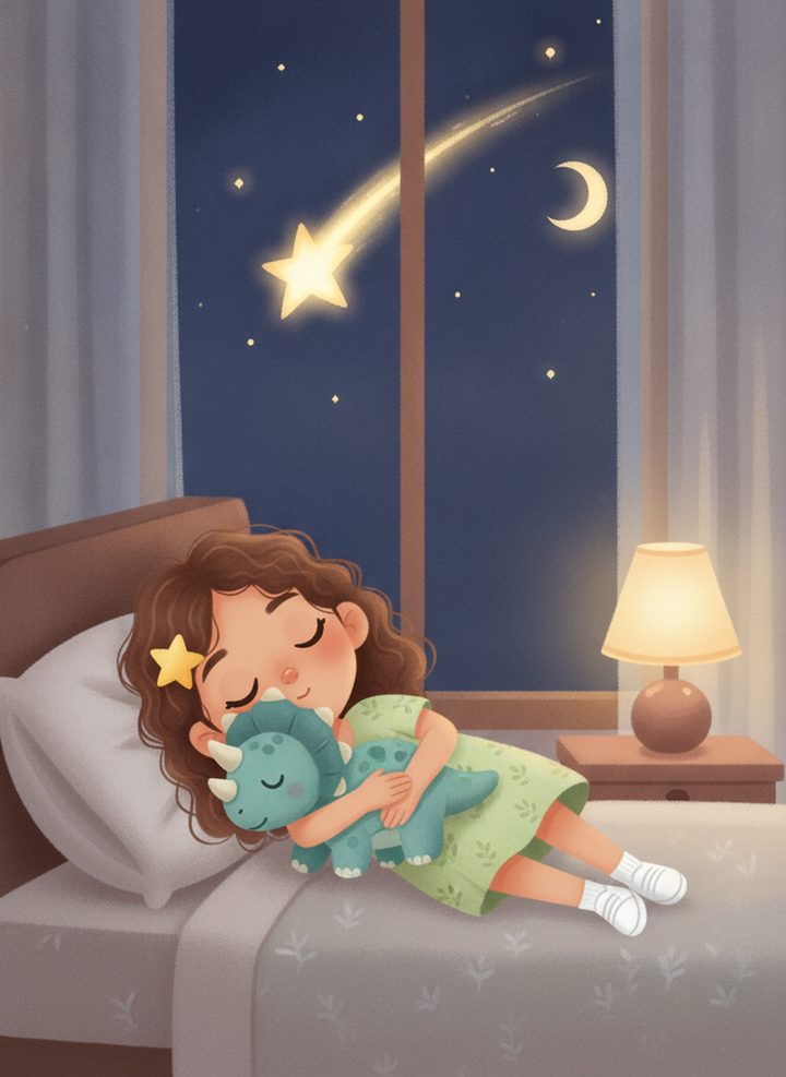 Página real do livro: Sofia dormindo abraçada ao dinossauro de pelúcia, com uma estrela cadente na janela